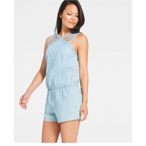 Fabletics Women's chambray Blue Denim Romper Pockets Crisscross Straps sz medium - Picture 1 of 10
